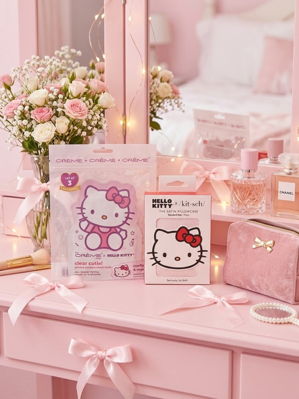 Hello Kitty Satin Pillowcase and 3 masks - Pink